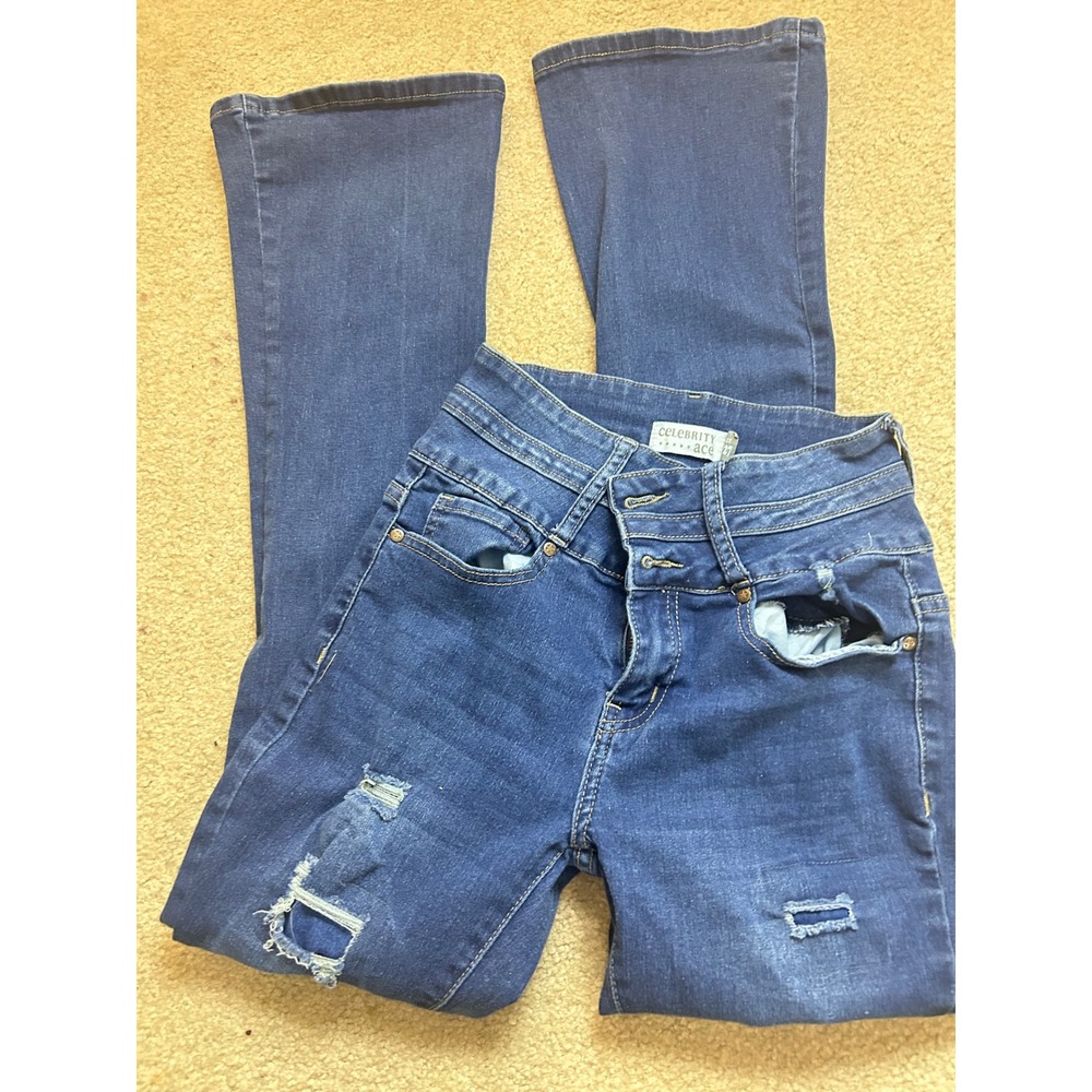 CELEBRITY ACE Women Blue Denim Flare Jeans Distressed Ripped Size‎ 5 27